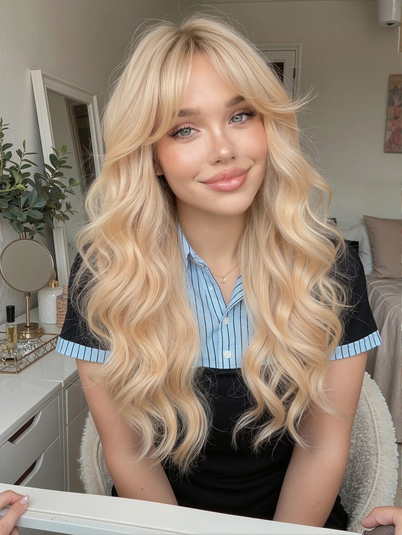Long Wavy Wig with Bangs Light Blonde Body Wave