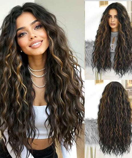 EASIHAIR Long Curly Synthetic Wigs with Bangs