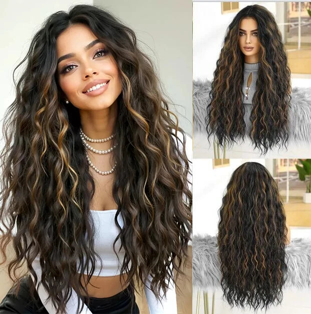 EASIHAIR Long Curly Synthetic Wigs with Bangs
