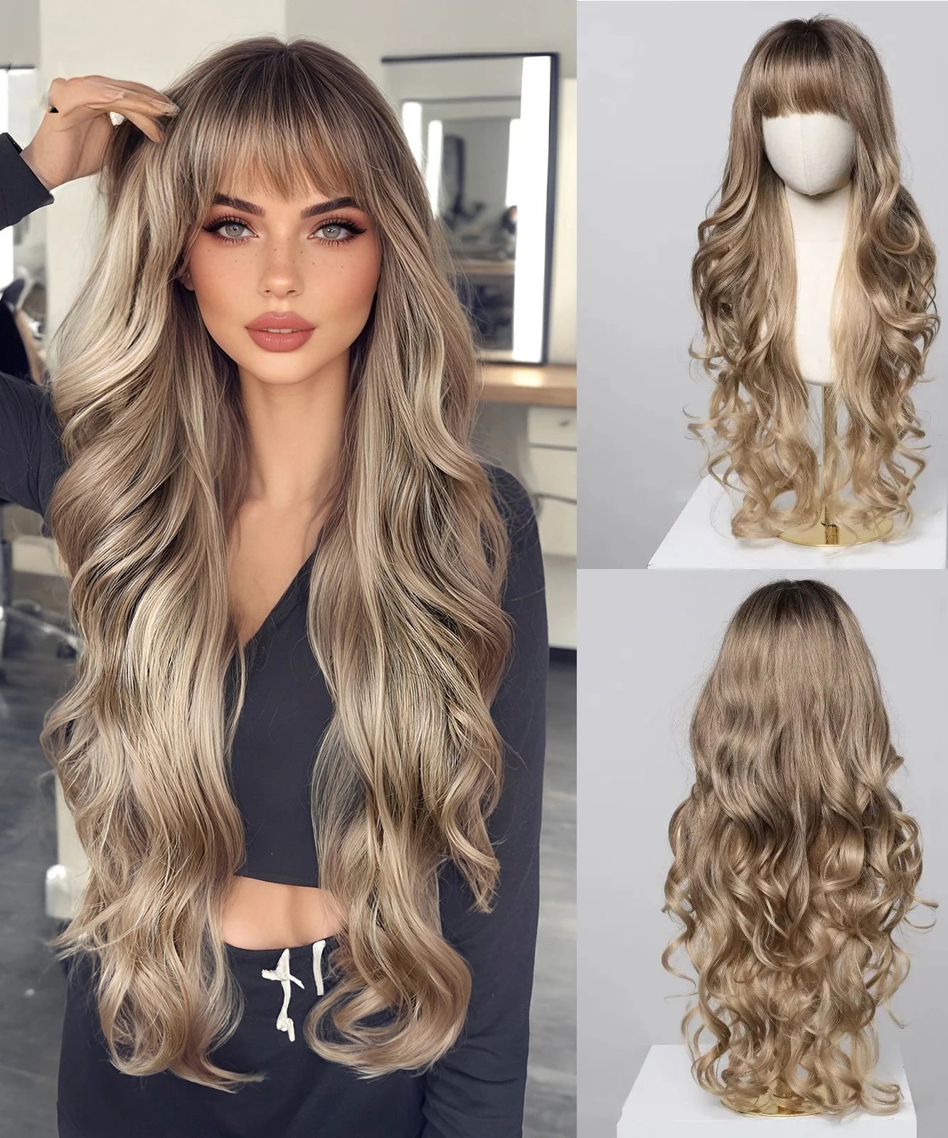 EASIHAIR Long Curly Synthetic Wigs with Bangs