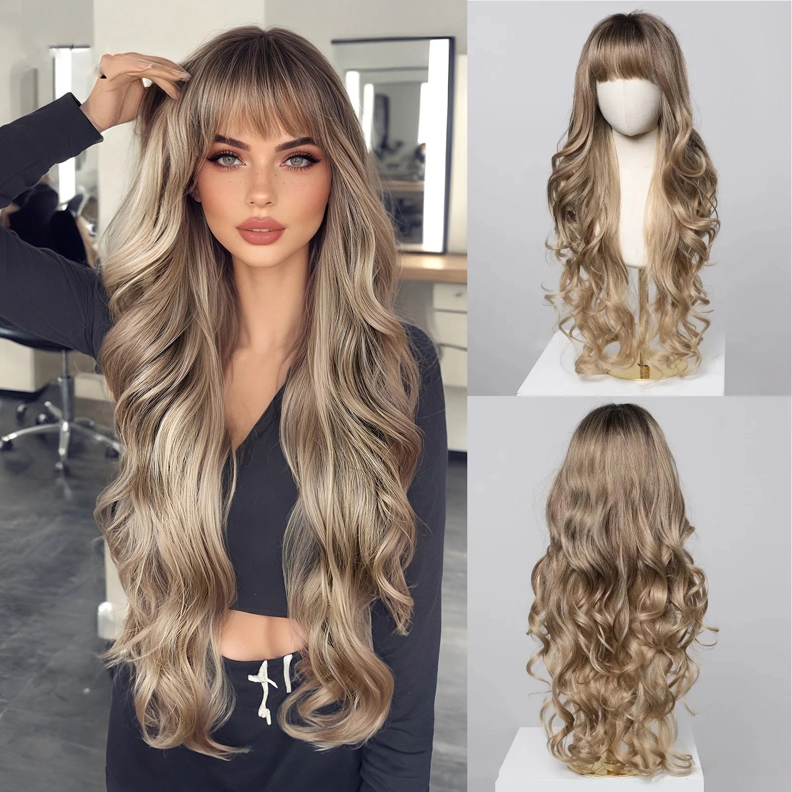 EASIHAIR Long Curly Synthetic Wigs with Bangs