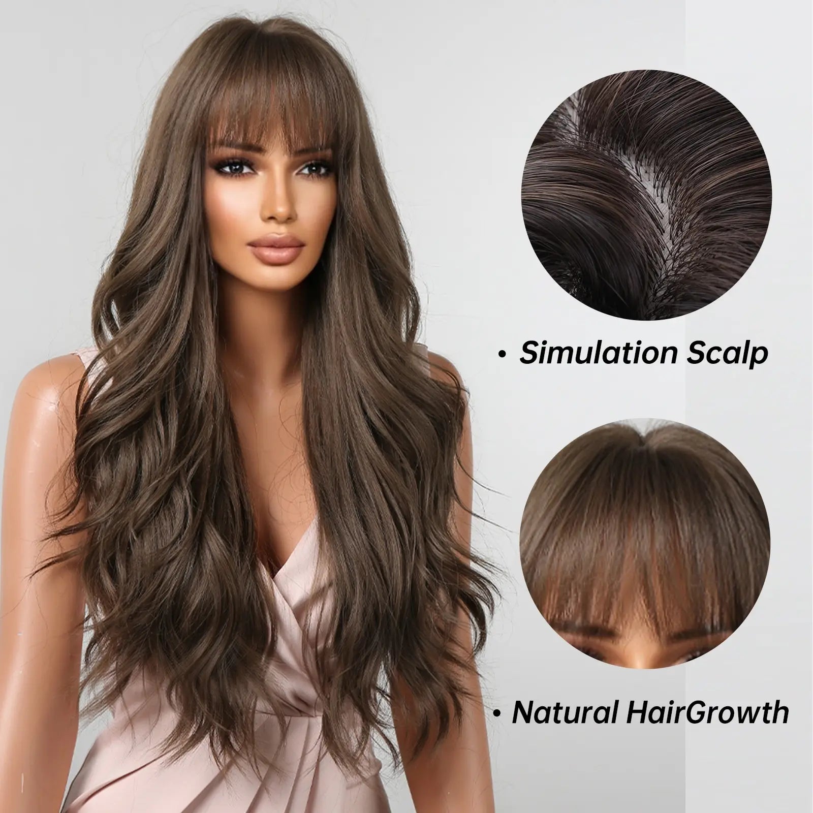 Brown Wavy Wigs for Women with Bangs Long