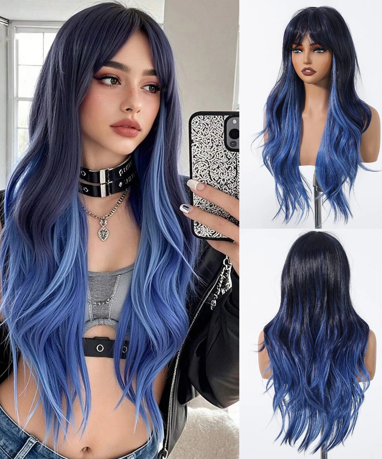 EASIHAIR Long Curly Synthetic Wigs with Bangs