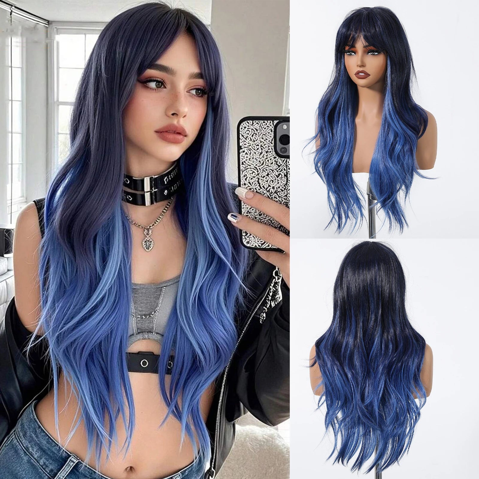 EASIHAIR Long Curly Synthetic Wigs with Bangs