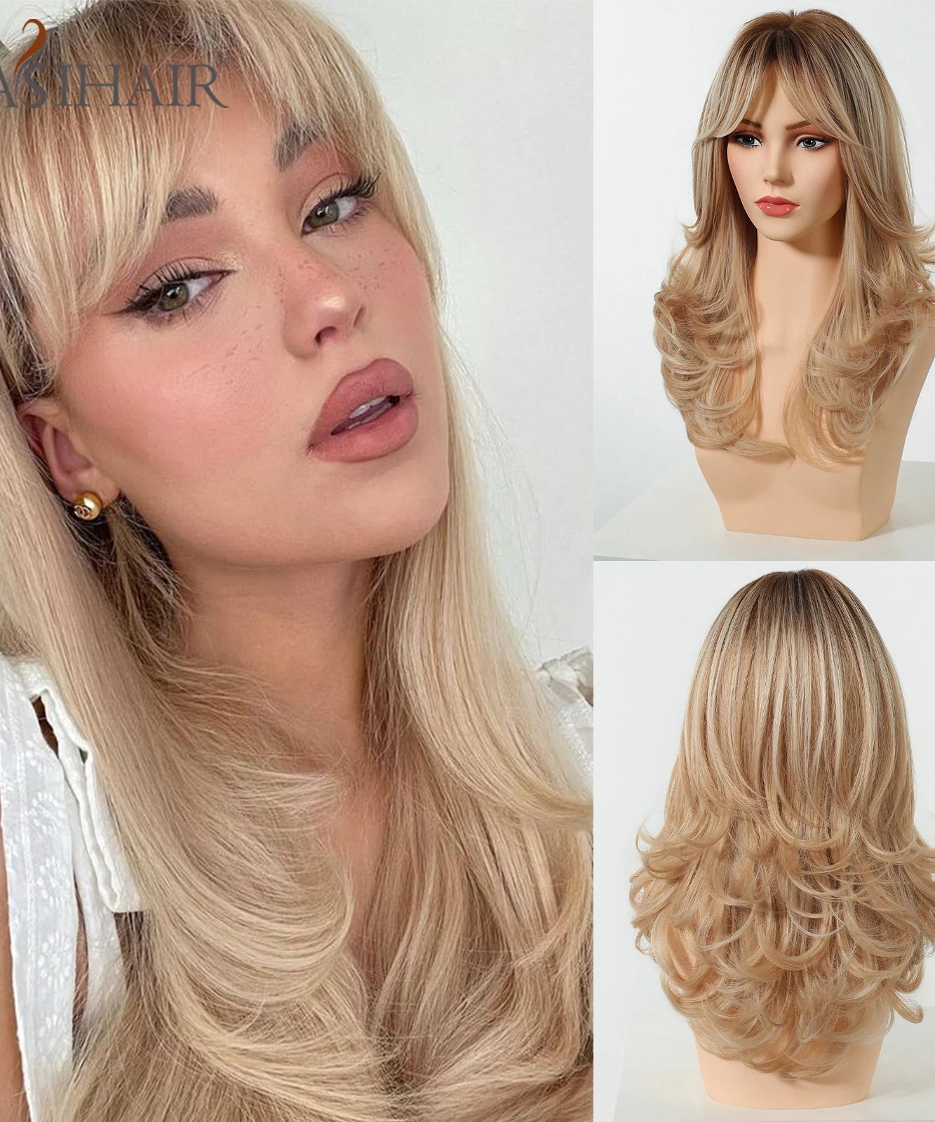 EASIHAIR Long Curly Synthetic Wigs with Bangs