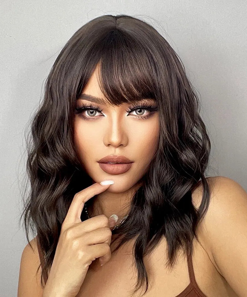 Short Wavy Bob Wigs for Women Dark Brown