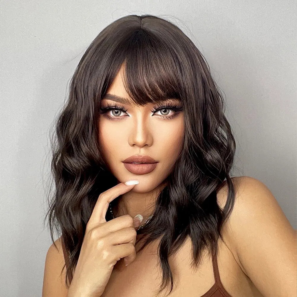 Short Wavy Bob Wigs for Women Dark Brown