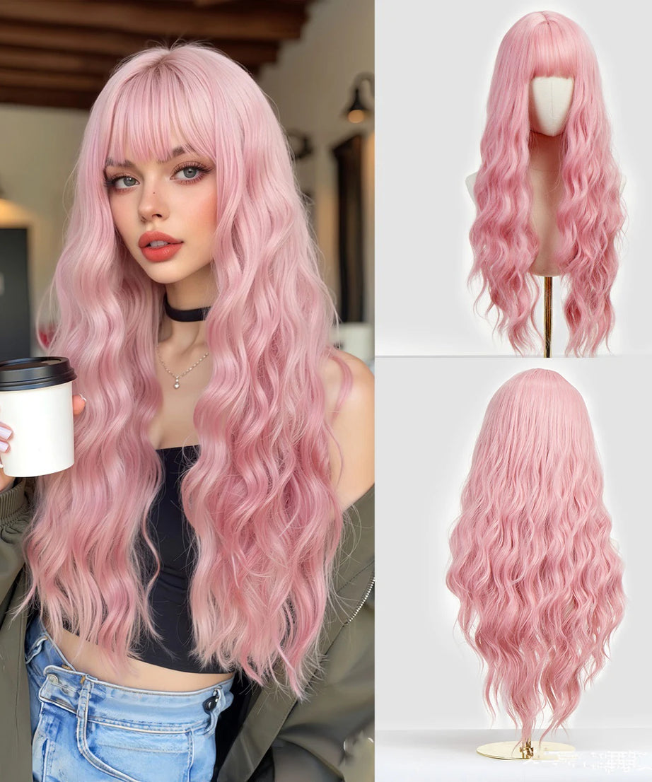 EASIHAIR Long Curly Synthetic Wigs with Bangs