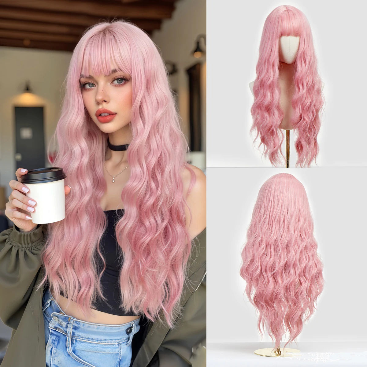 EASIHAIR Long Curly Synthetic Wigs with Bangs