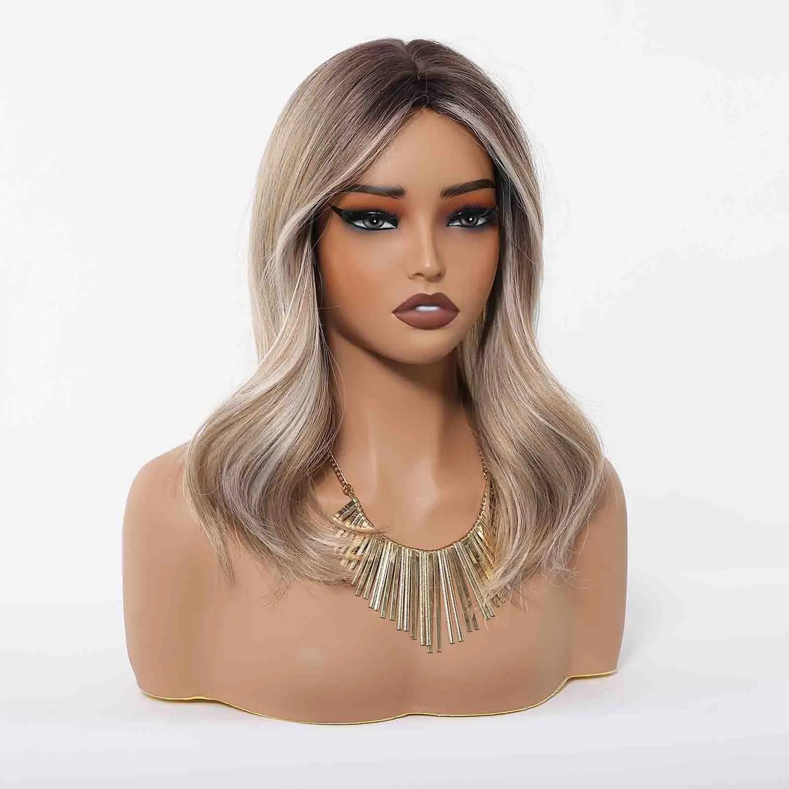 Blonde Brown Highlights Wigs Medium Length
