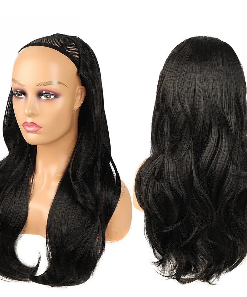 24Inch Synthetic Long Wavy Head Tied 3/4 Half Wigs for Women With Clips In Curly Hair Extension Black Hairpieces Wigs Daily Use