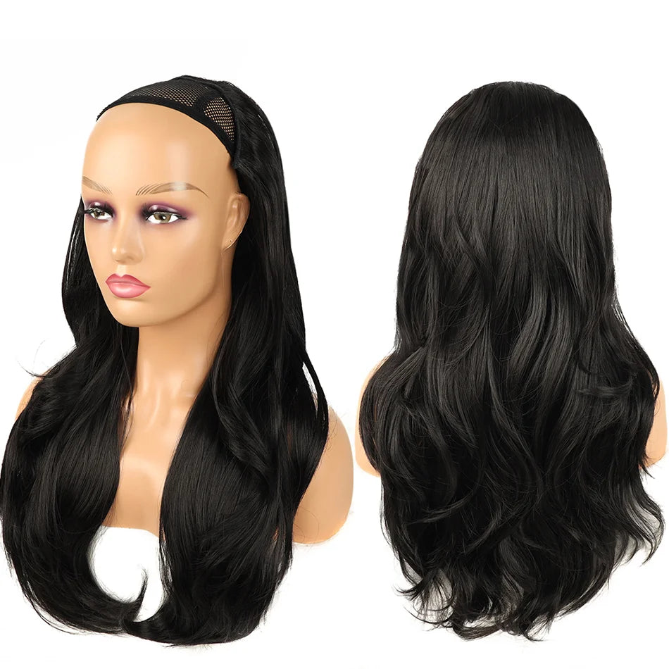 24Inch Synthetic Long Wavy Head Tied 3/4 Half Wigs for Women With Clips In Curly Hair Extension Black Hairpieces Wigs Daily Use