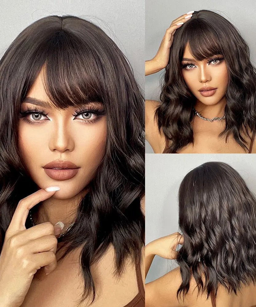 Short Wavy Bob Wigs for Women Dark Brown
