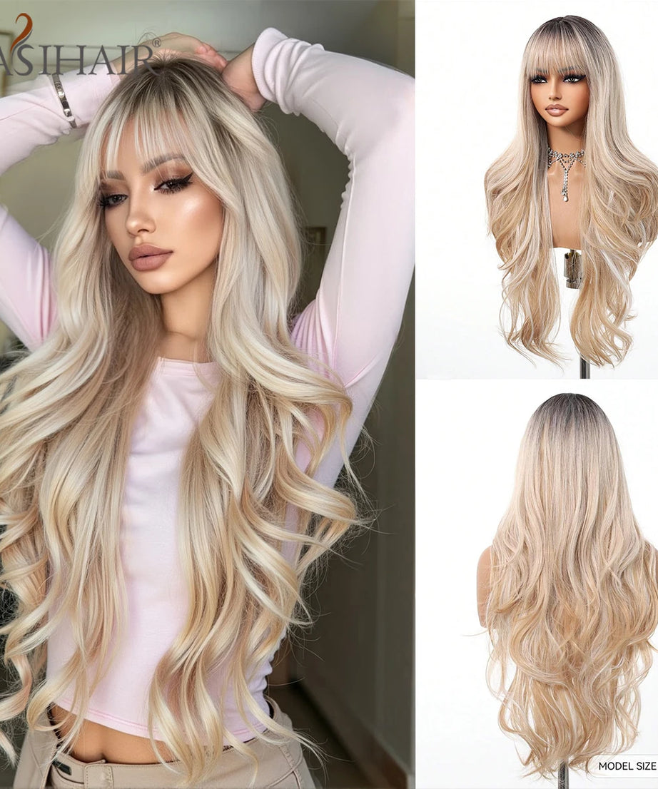 EASIHAIR Long Curly Synthetic Wigs with Bangs