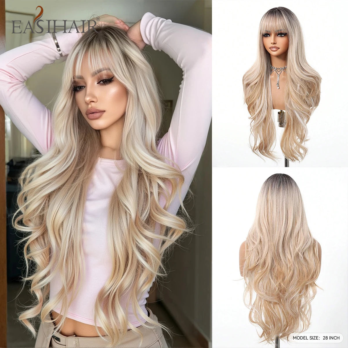 EASIHAIR Long Curly Synthetic Wigs with Bangs