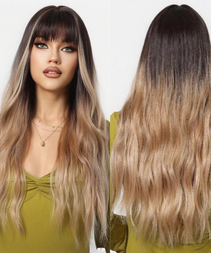 Brown Wavy Wigs for Women with Bangs Long Natural