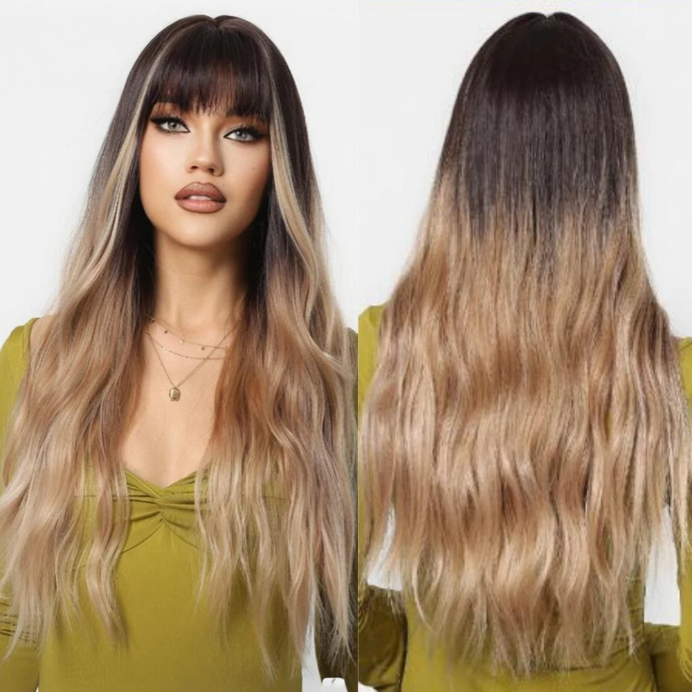 Brown Wavy Wigs for Women with Bangs Long Natural