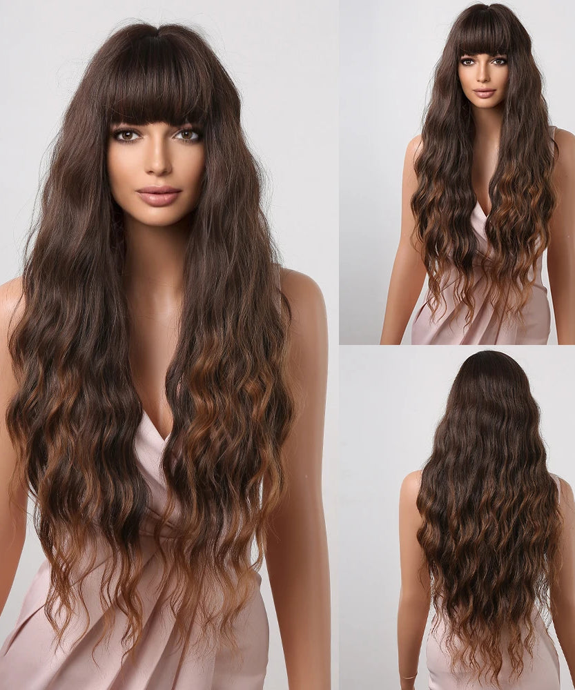 EASIHAIR Long Curly Synthetic Wigs with Bangs