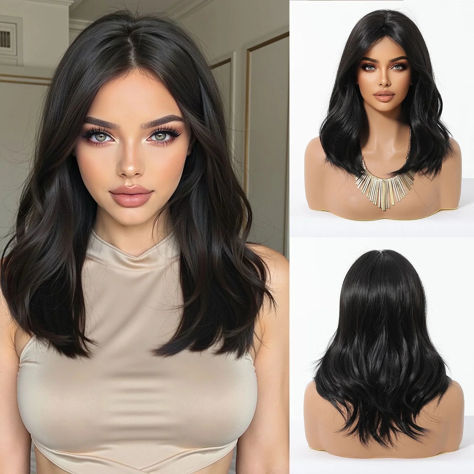 Blonde Brown Highlights Wigs Medium Length