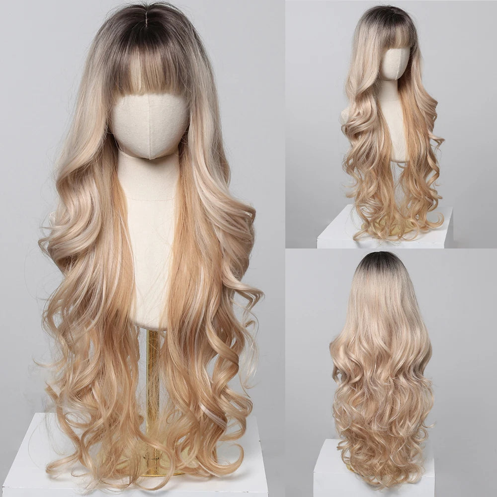 Brown Wavy Wigs for Women with Bangs Long Natural