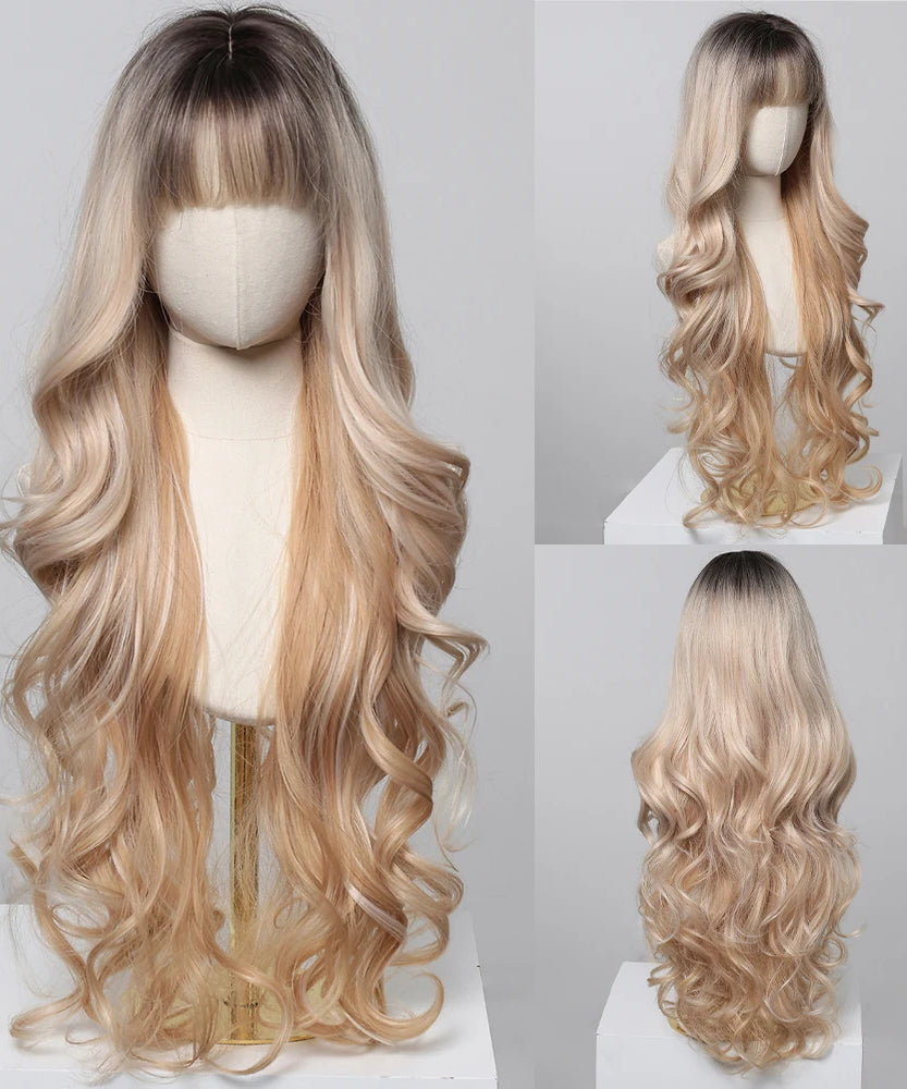 Brown Wavy Wigs for Women with Bangs Long