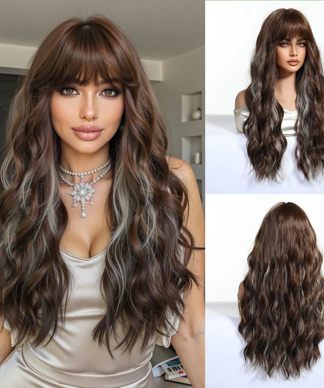 EASIHAIR Long Curly Synthetic Wigs with Bangs