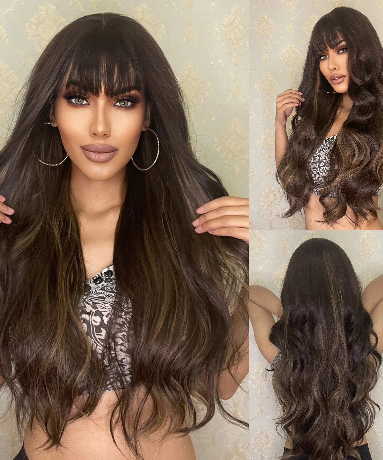 EASIHAIR Long Curly Synthetic Wigs with Bangs