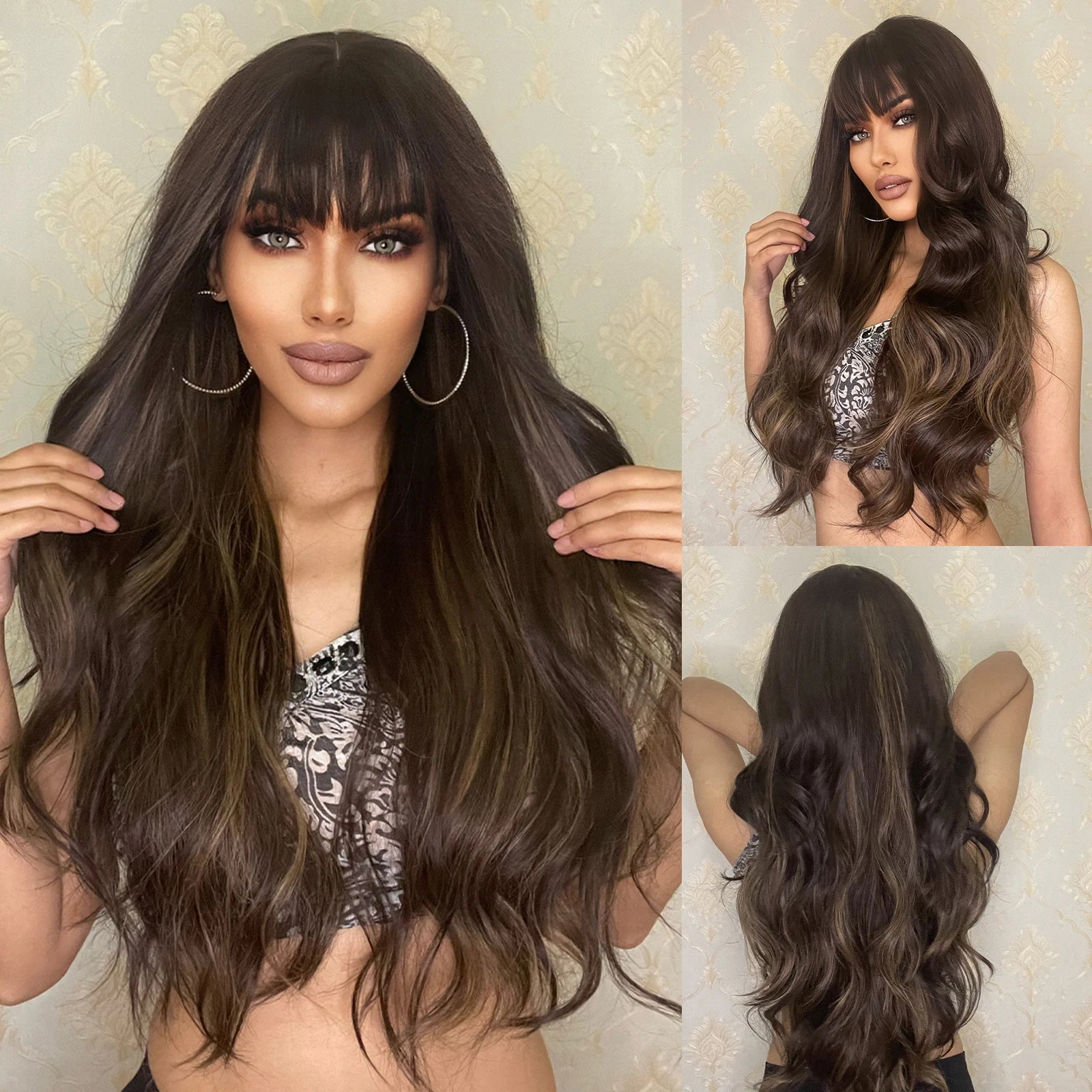 EASIHAIR Long Curly Synthetic Wigs with Bangs
