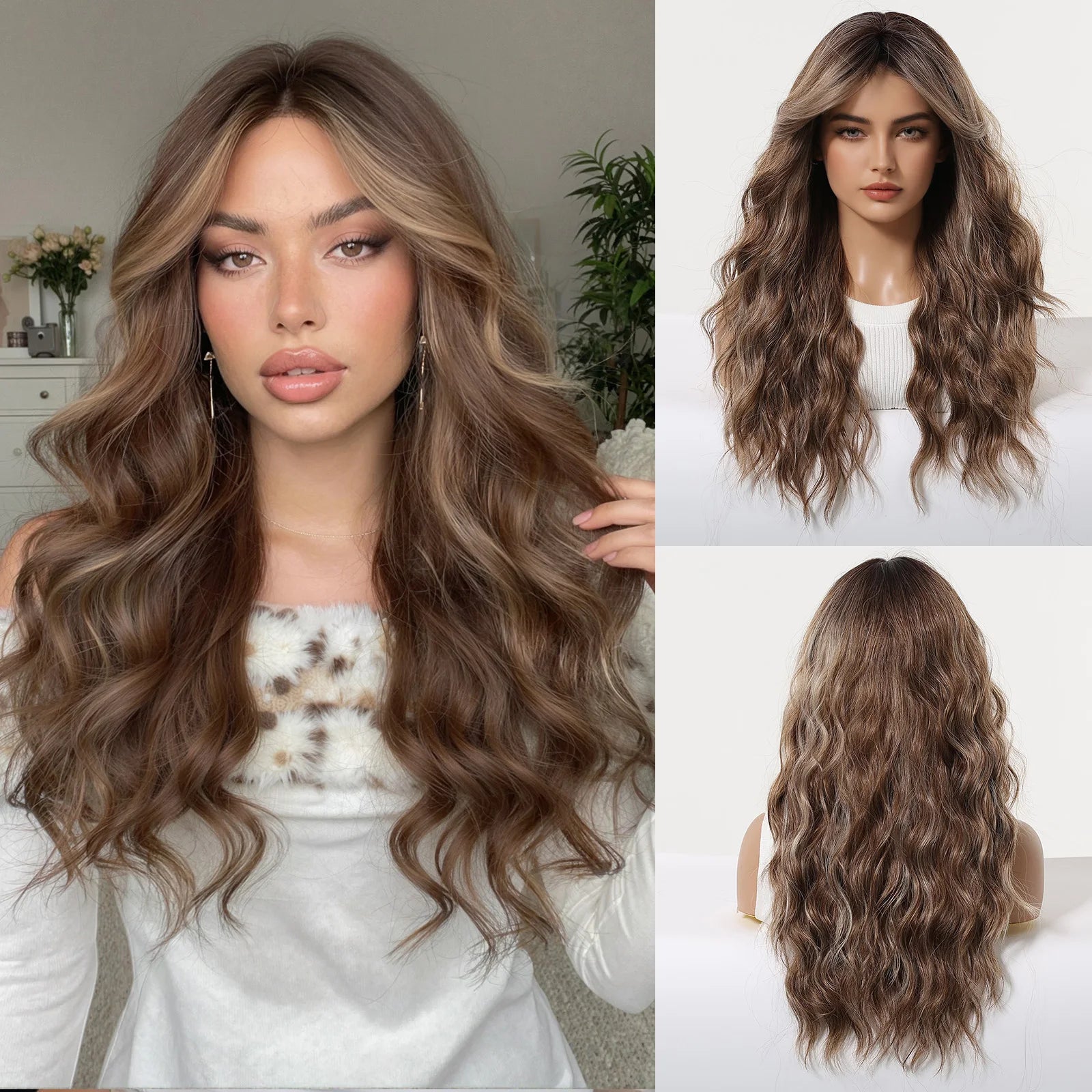 Long Wavy Wig with Bangs Light Blonde Body Wave