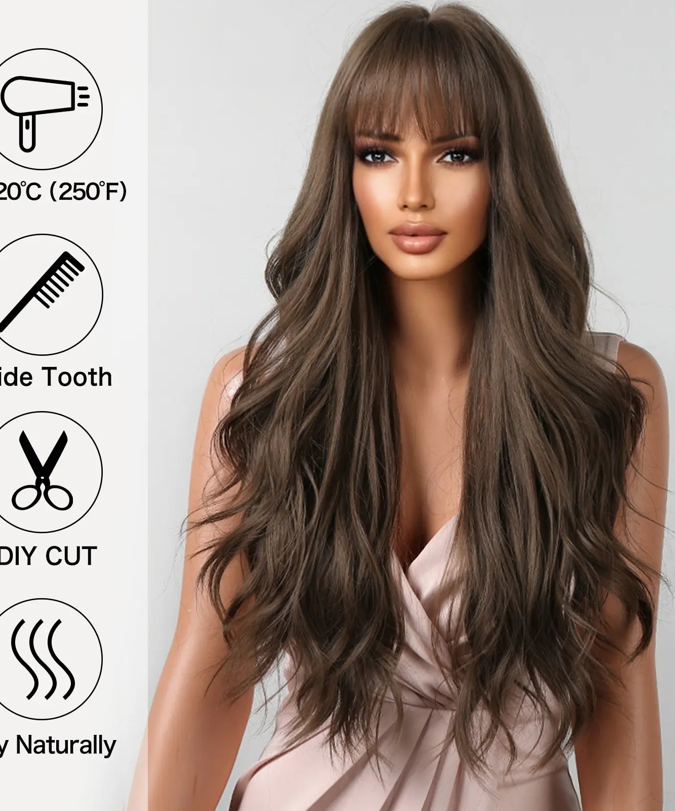 Brown Wavy Wigs for Women with Bangs Long