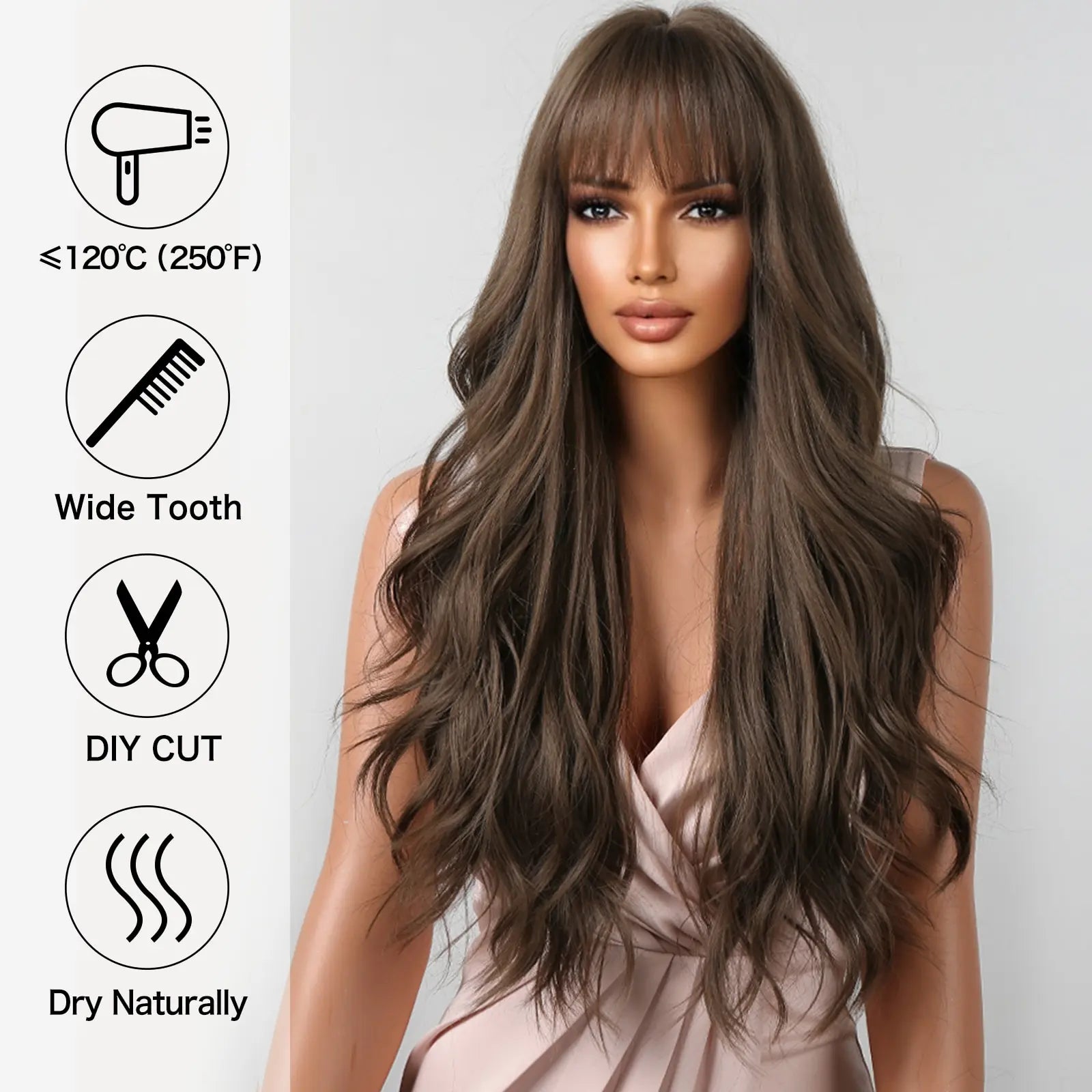 Brown Wavy Wigs for Women with Bangs Long