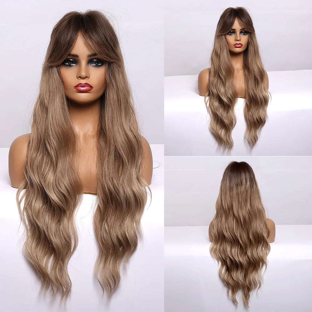 Brown Wavy Wigs for Women with Bangs Long