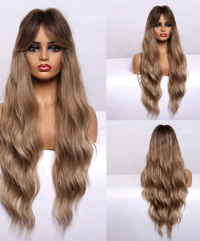 Brown Wavy Wigs for Women with Bangs Long Natural