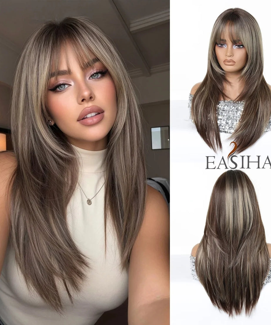 Blonde to Brown Ombre Long Straight Wig for Women