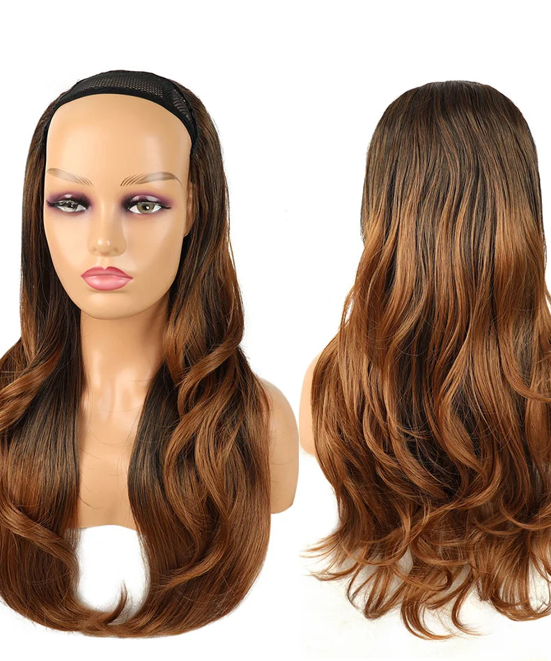 24Inch Synthetic Long Wavy Head Tied 3/4 Half Wigs for Women With Clips In Curly Hair Extension Black Hairpieces Wigs Daily Use