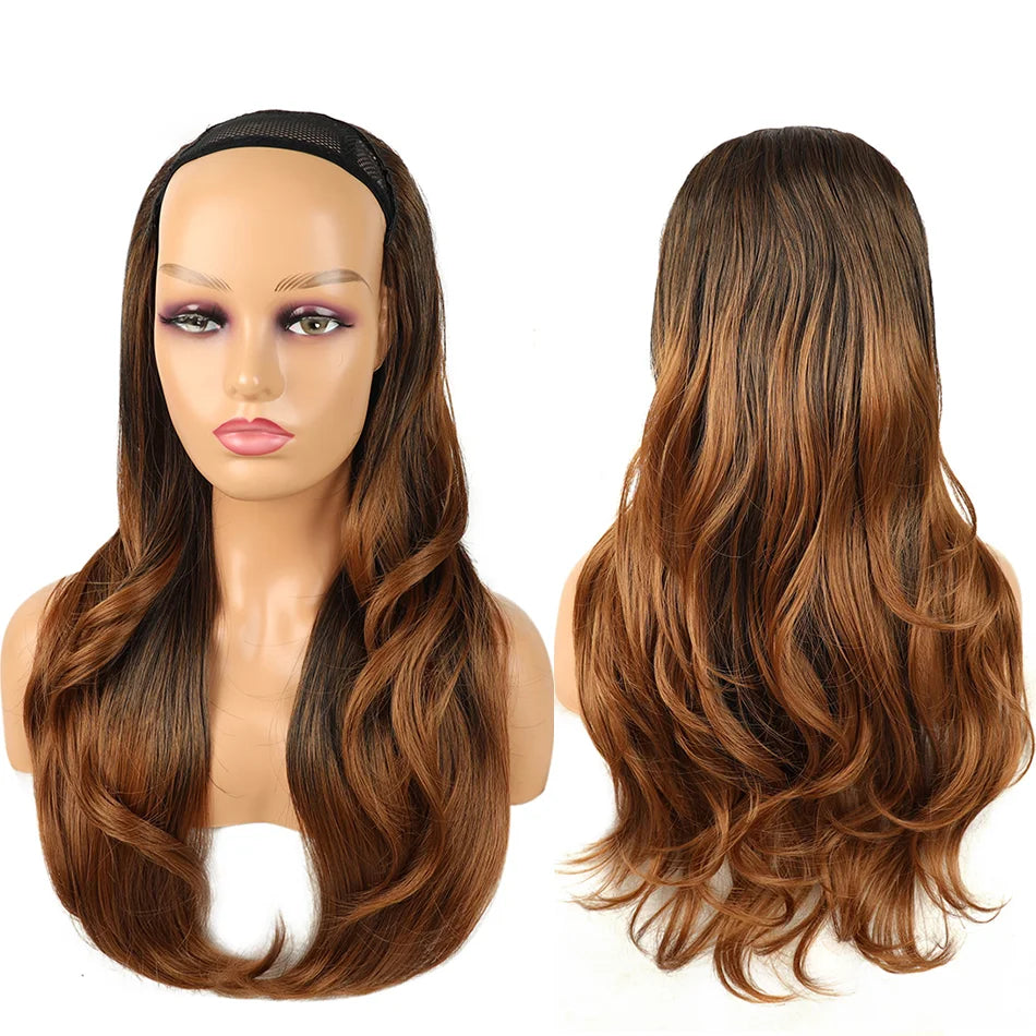 24Inch Synthetic Long Wavy Head Tied 3/4 Half Wigs for Women With Clips In Curly Hair Extension Black Hairpieces Wigs Daily Use