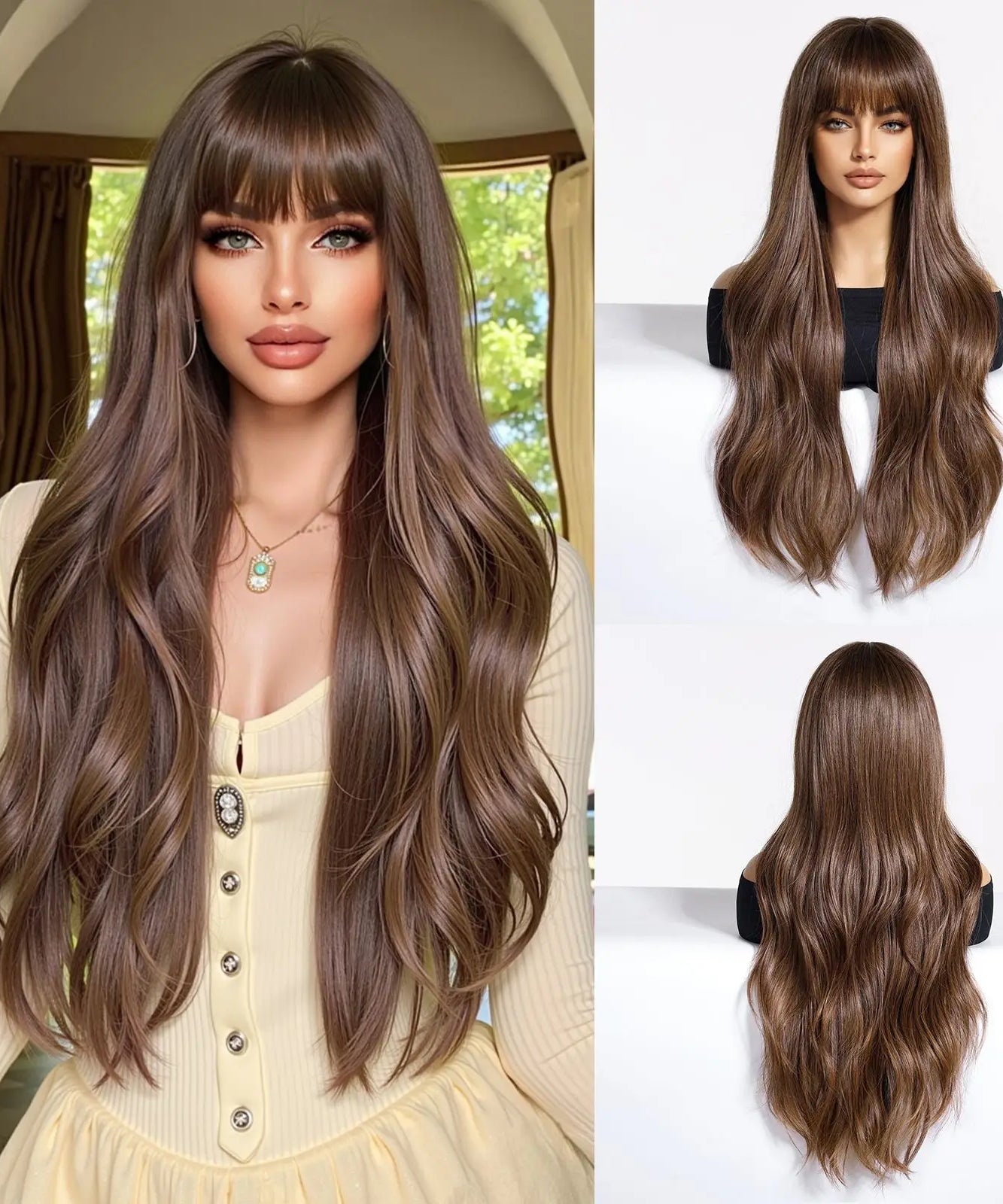EASIHAIR Long Curly Synthetic Wigs with Bangs