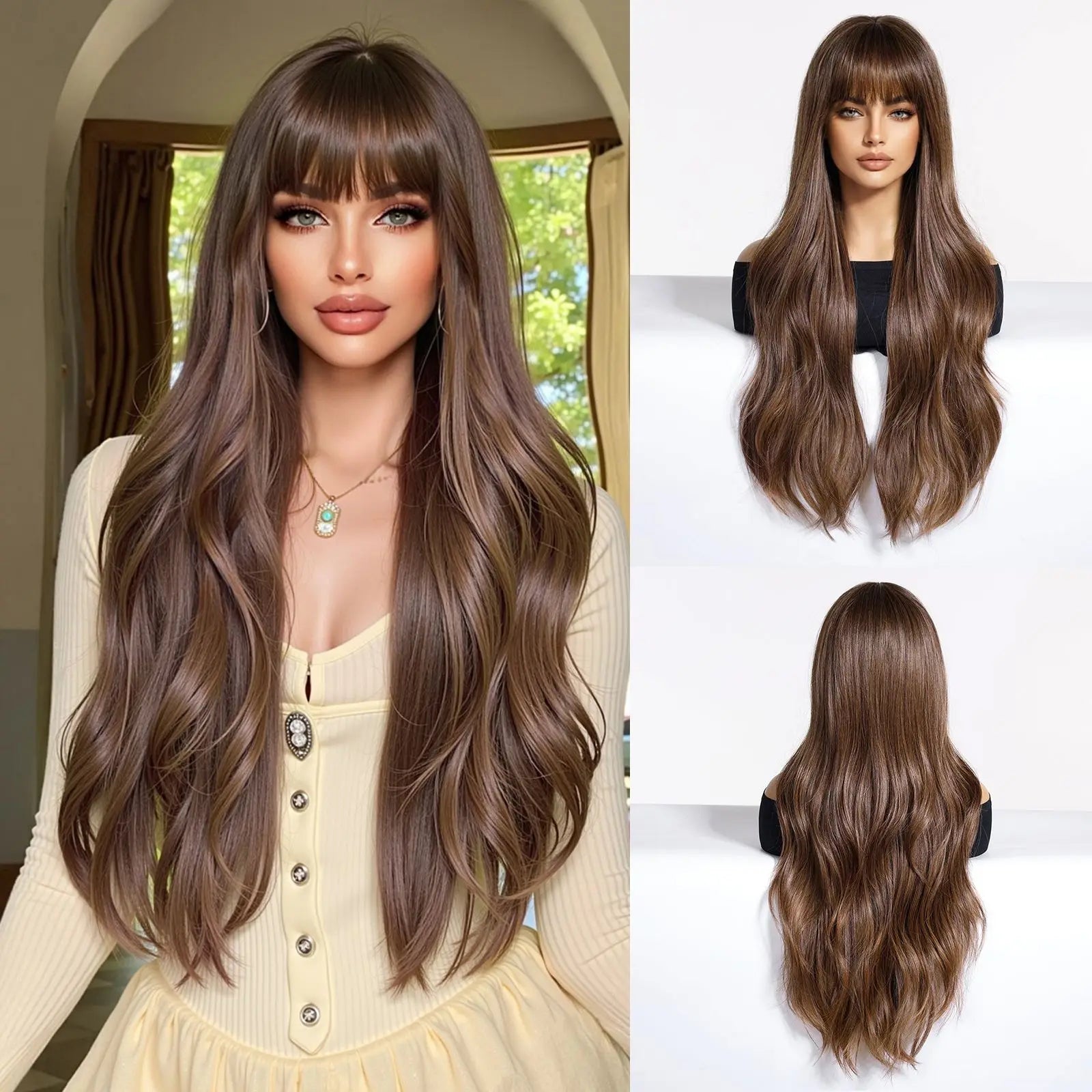 EASIHAIR Long Curly Synthetic Wigs with Bangs