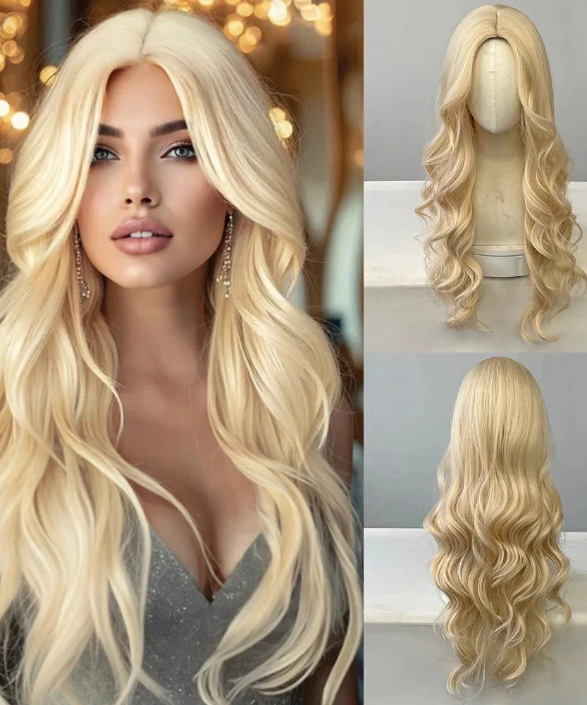 Big wavy light brown synthetic wig for Halloween cosplay, daily festive hair, high-temperature hair accessory