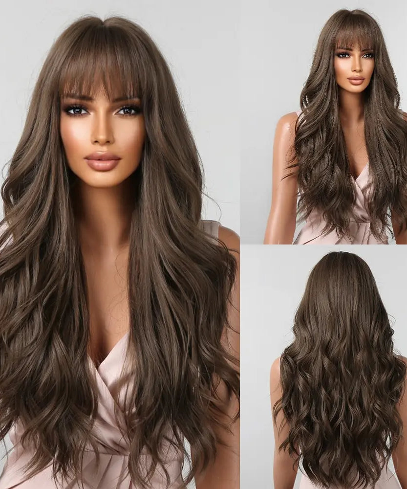 Brown Wavy Wigs for Women with Bangs Long