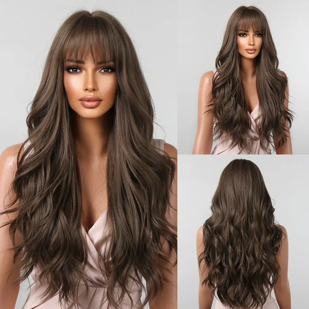 Brown Wavy Wigs for Women with Bangs Long