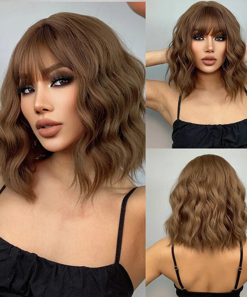 Short Wavy Bob Wigs for Women Dark Brown