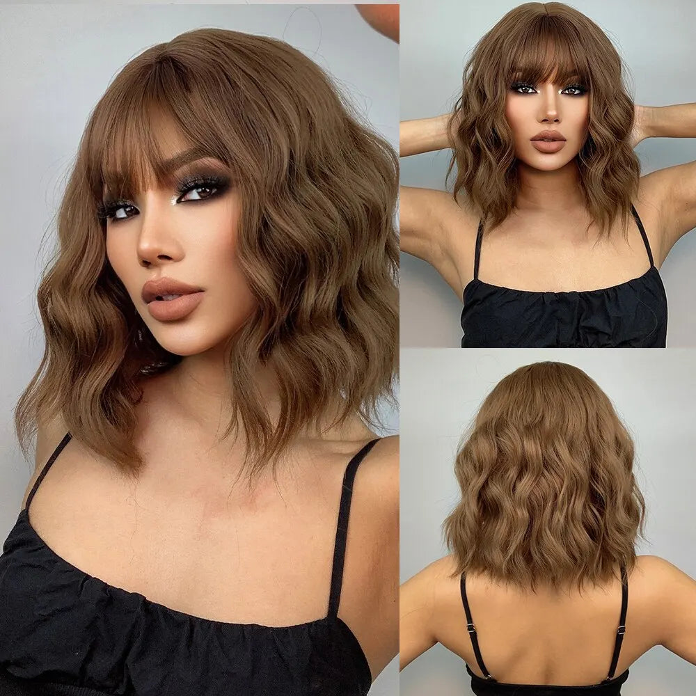 Short Wavy Bob Wigs for Women Dark Brown