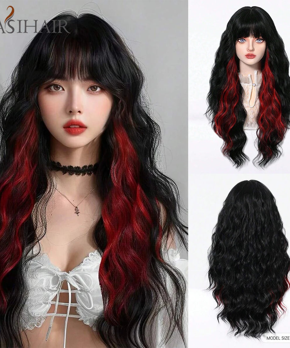 EASIHAIR Long Curly Synthetic Wigs with Bangs