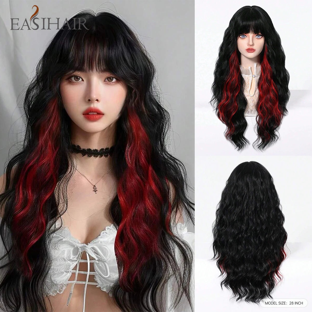 EASIHAIR Long Curly Synthetic Wigs with Bangs