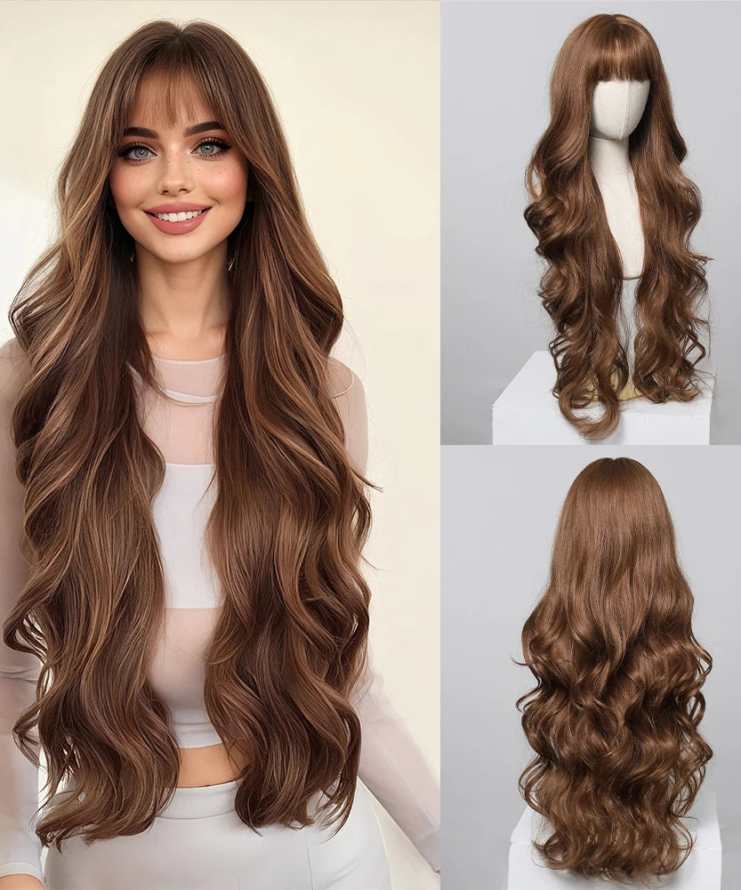 EASIHAIR Long Curly Synthetic Wigs with Bangs