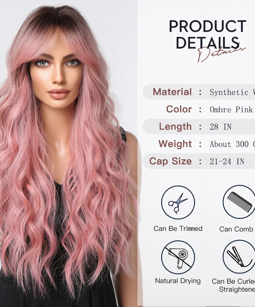 Pink Long Wavy Wigs with Bangs Synthetic Dark