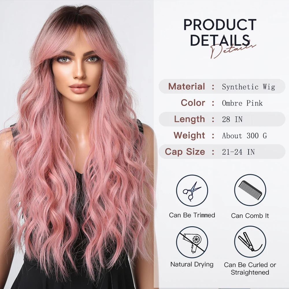 Pink Long Wavy Wigs with Bangs Synthetic Dark