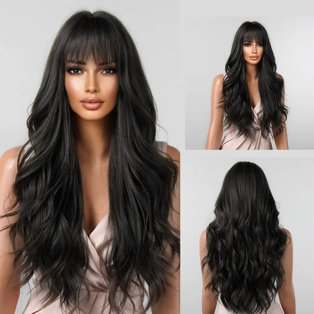 Brown Wavy Wigs for Women with Bangs Long Natural