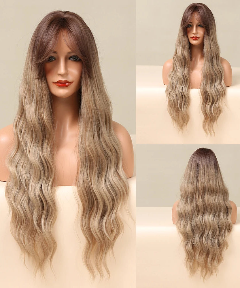 Brown Wavy Wigs for Women with Bangs Long Natural